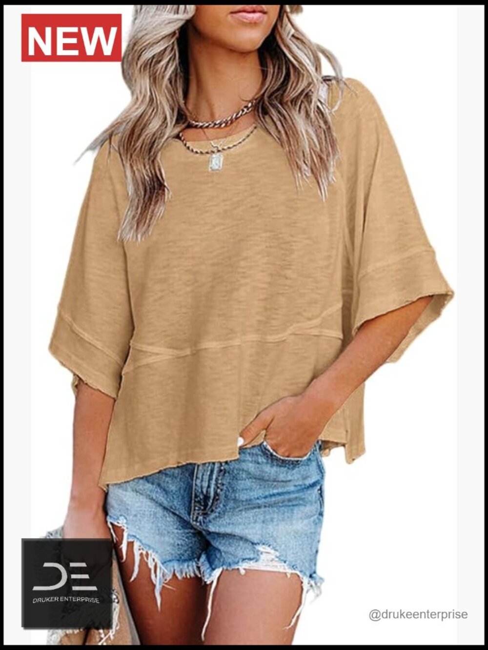 Womens Casual Crewneck Batwing Half Sleeve Tunic Tee Blouse Loose Fit Cotton